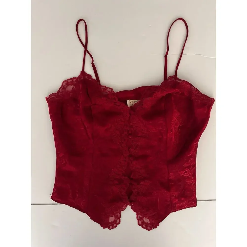 Victorias Secret Camisole Medium Gold Label Red Lace Vintage Coquette Romantic - Picture 1 of 7